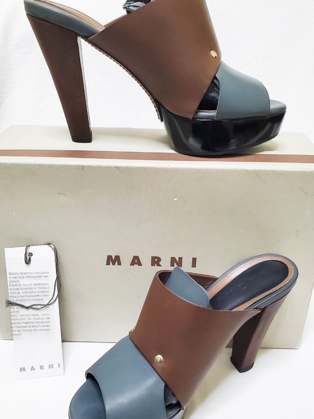 Marni Platform Mule Heel Brown Blue NEW Size 38.5